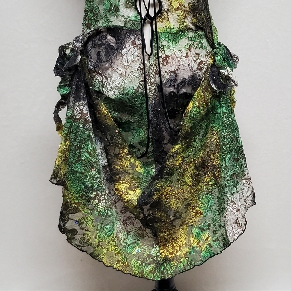 80s Rare Vintage Surprise Parties Green Tie-Dye Sheer Lace Lace-up Bustle Dress - Picture 13 of 16